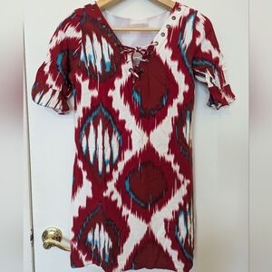 Boho Short Sleeve Red Drawstring Loose Fit V-neck Dress | Small